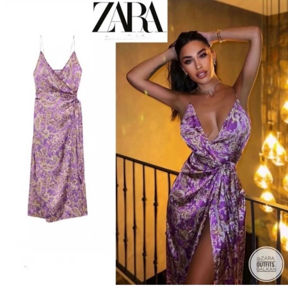 Zara Satin Robe Lavender Wrap Midi Dress Gold Tones Womens Size Large